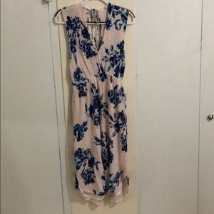 Sleeveless blue floral with light pink dress